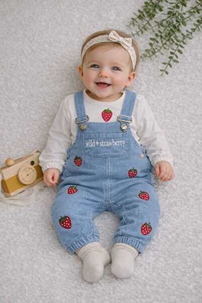 Baby Buu Çilek Desenli Denim Kotlu Kız Bebek Salopet Takımı 6-9Ay, 9-12Ay, 12...