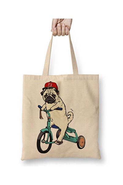 Toyaso Geantă de plajă din pânză albă, cu câine pug pe bicicletă, cu mâner lu...