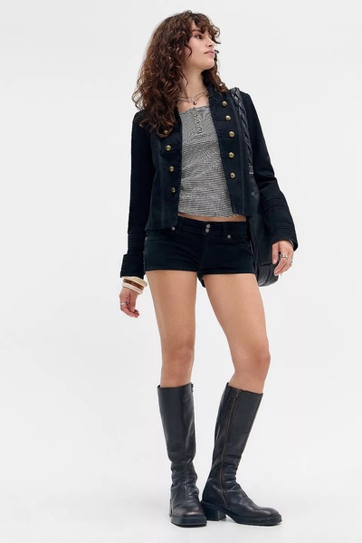 september island Landry Black Shiny Velvet Super Mini Shorts