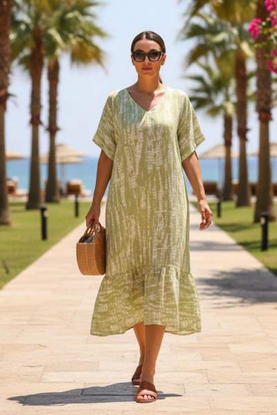 AYASOFYA OTANTIK Women's V-Neck Patterned Half Sleeve Dress with Pockets