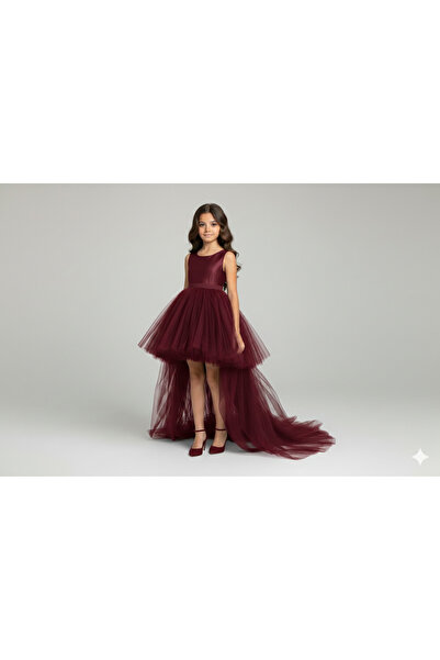 Star Kids Rochie din satin cu trenă pentru fete, culoare burgundă, rochie de ...