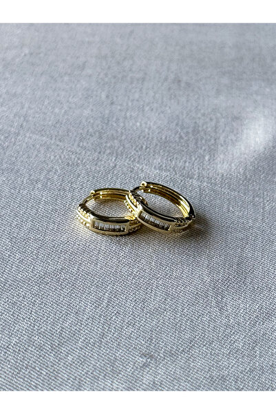 Çelik 14 K Altın Kaplama Baget Taşlı Gold Halka Küpe