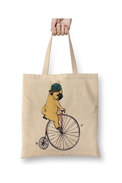 Toyaso Pug Dog Bicycle Show Geantă de pânză albă Geantă de cumpărături cu mân...