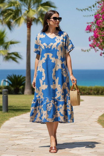 AYASOFYA OTANTIK Women's V-Neck Patterned Half Sleeve Dress with Pockets