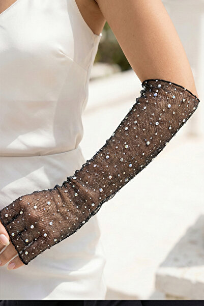Kapin Taş Detaylı Tül Kadın Eldiven - Siyah
