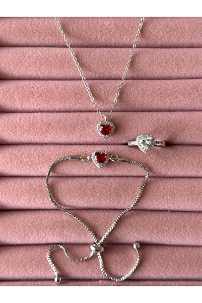 ACQUA BELLA 925 Ayar Gümüş Kaplama Kırmızı Kalp Takı Seti Sevgililer Günü Hed...