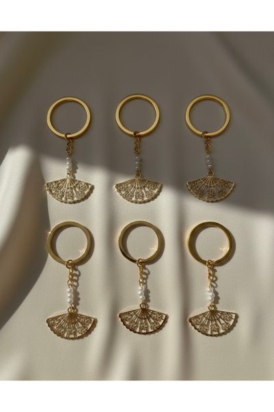 VESPERASTOREE Gold Fan-Shaped Keychain - Gift, Henna, Promise, Engagement, Circumcision, Bride, Birthday (10 Pieces)