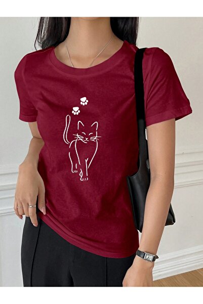 CROFT Kadın Kedi Baskılı Bisiklet Yaka Kısa Kollu Regular T-Shirt