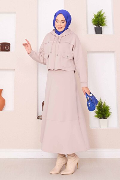 EBRUTESETTÜR Zippered Hooded Crop Skirt Hijab Set Beige