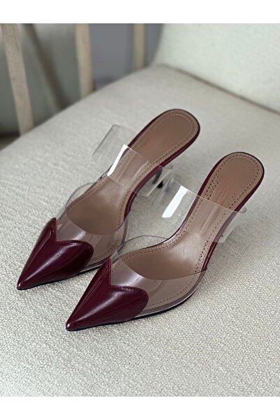 MYVOLANTE Burgundy Patent Leather Heart Detail Transparent Heeled Slippers