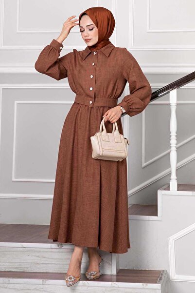 EBRUTESETTÜR Stone Button Detailed Skirted Hijab Suit in Brown