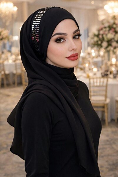 Aişe tesettür Siyah Gümüş Payetli Bandana Abiye Şal