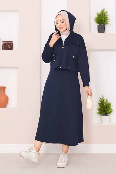 EBRUTESETTÜR Zippered Hooded Crop Skirt Hijab Set Navy Blue