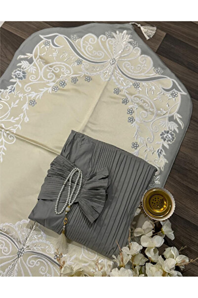 Gerenic Women's prayer set in gray and beige, including a prayer mat and embr...
