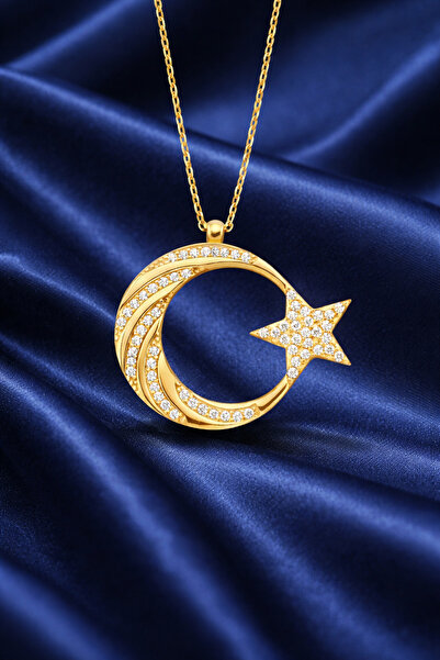 KAR DİAMOND 14 Ayar Altın Zincirli Zirkon Taşlı Ay Yıldız Kadın Kolye - Serti...