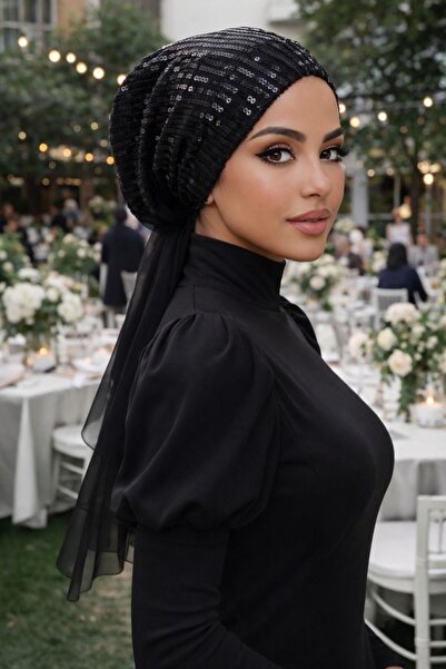 Aişe tesettür وشاح فستان سهرة أسود مزين بالترتر مع قبعة