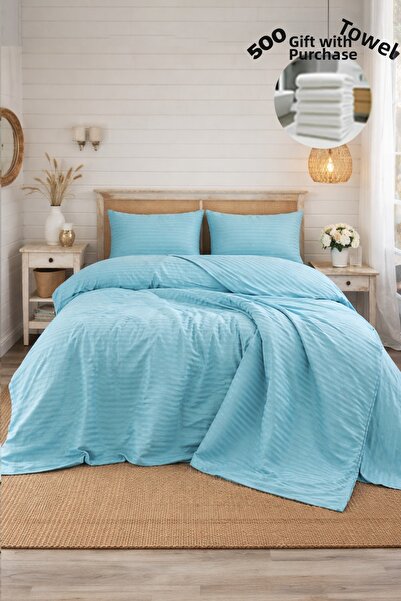 MOON SECRET Premium Water Blue Color Cotton Satin Double Duvet Cover Set