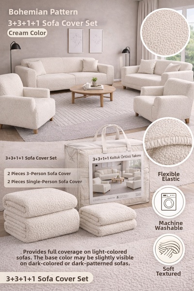 BTF HOME Bohemian Pattern Cream Elastic Sofa Cover 3+3+1+1 Set |   Flexible E...