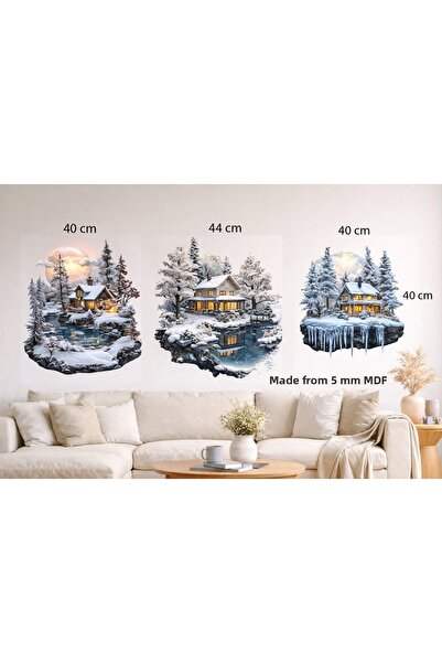 TuraLazerKesim 3 τεμάχια Ξύλινη ζωγραφική διακόσμηση τοίχου με χειμερινή θέματα