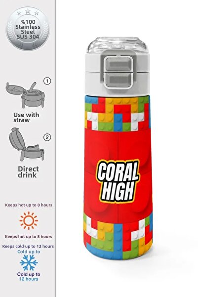 Coral High ترمس ستيل منقوش للأطفال مع شفاطة وشرب مباشر 500 مل 31991