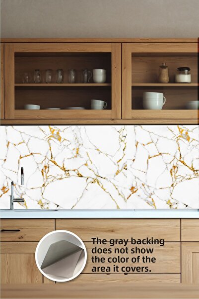 Piksel Grafik White Gold Detail Pattern between Kitchen Countertops, Marble F...