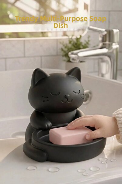 Oxyteez Δοχείο σαπουνιού με φιγούρα γάτας, οργανωτής μπάνιου, από σκληρό πλασ...