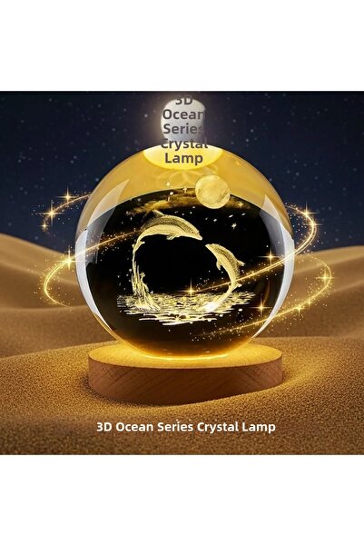 Fırsatkolik مصباح ليلي على شكل كرة كريستالية بتصميم دولفين مع قاعدة خشبية مضي...