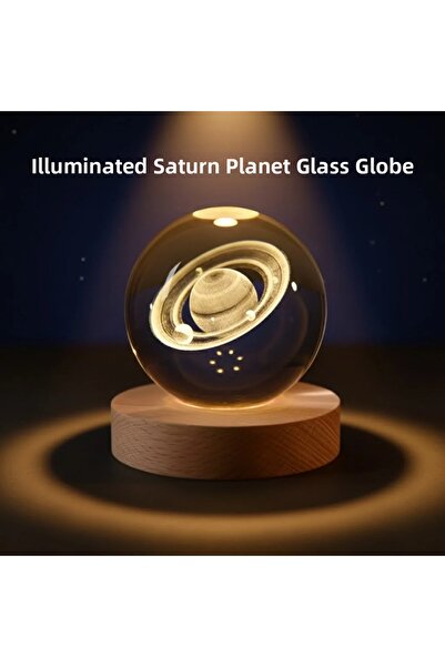 Fırsatkolik Saturn Patterned Crystal Ball Led Night Light with Wooden Stand