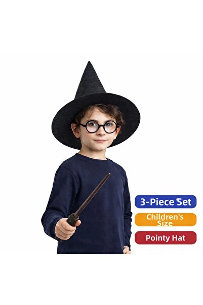 magicool Harry potter style kids set (black felt hat, wand, glasses)