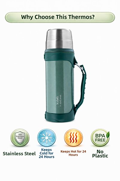 qasul X-JugLarge ترمس أخضر كبير الحجم سعة 1200 مل - مزود بحامل كوب - يحافظ عل...