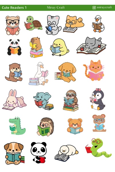 MirayDesign 1 Piece of Cute Readers – Animals Reading Books Sticker Sheet