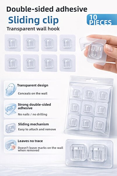 Single (10 قطع) مشبك لاصق ذو وجهين، مشبك شفاف لتعليق الأشياء على الحائط، لتثب...
