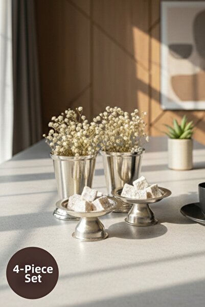 Vienev 4-Piece Silver Color Coffee Side Serving Set - 2X(Lokum Bowl with Stan...