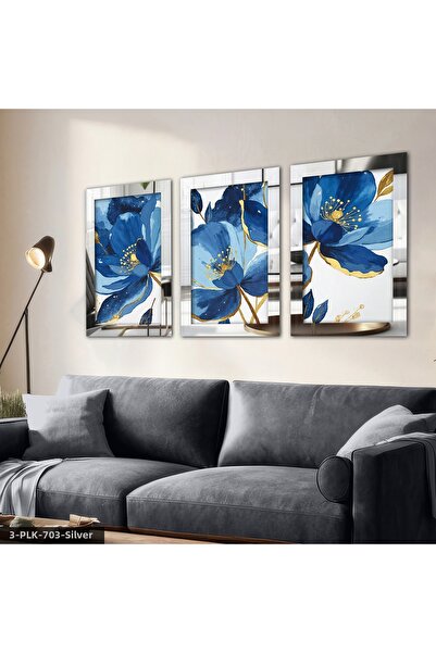 Evinemoda Tablou cu oglindă din plexiglas, cu 3 piese, cu flori albastre și d...