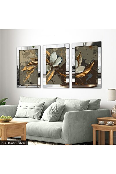 Evinemoda Маслена живопис „Златно листо Цвете“ 3-частна сребърна плексигласов...
