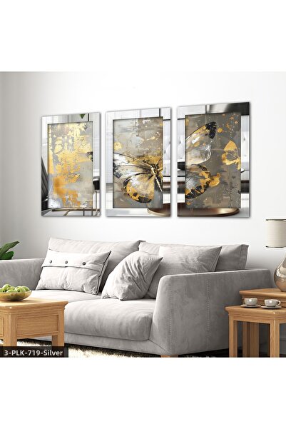 Evinemoda Gold Detailed Butterfly 3 Piece Plexiglass Mirrored Table