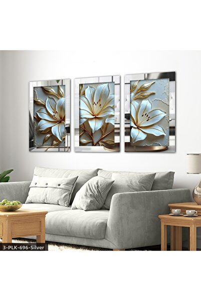 Evinemoda Crin cu frunze aurii, tablou cu oglindă din plexiglas argintiu, 3 p...