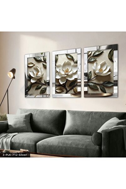 Evinemoda White Flowers and Leaves 3 Piece Plexiglass Mirrored Painting
