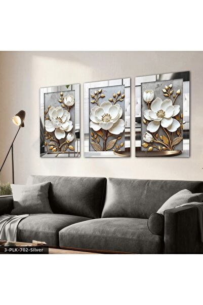 Evinemoda Огледална картина от плексиглас с 3 части, бяло цвете и златни листа