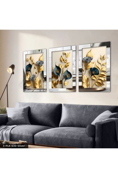 Evinemoda Elegant Gold and Blue Flowers 3 Piece Plexiglass Mirrored Painting