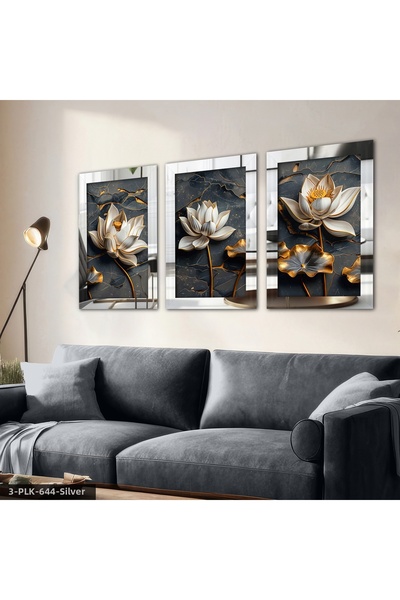Evinemoda Flower 3D Look Background 3 Piece Silver Plexi Painting with Mirror...