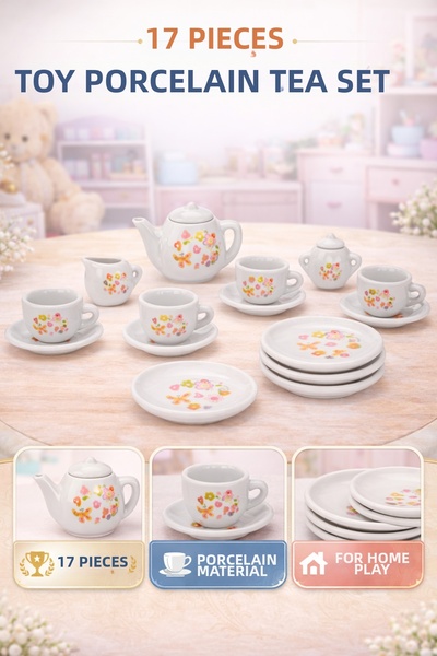 TRENDZONE Toy Dollhouse Set - Toy 17 Piece Heart Flower Porcelain Tea Set