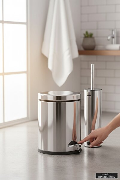 İSAOĞLU YAPI Bathroom Trash Can and Toilet Brush Set Stainless Material Pedal...