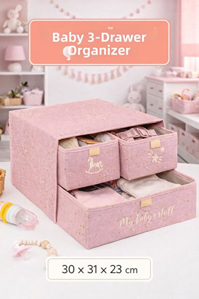 PONÇİK BEBEK Organizer for Baby's Room Pink Drawer Organizer with 3 Compartme...