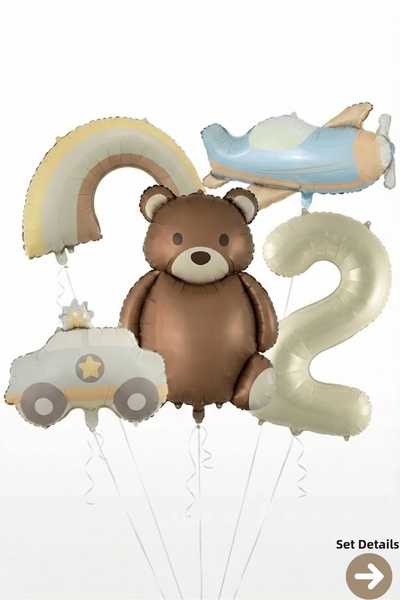 Bunloon 2 Year Old Teddy Bear Airplane Rainbow Themed Foil Balloon Set Orname...