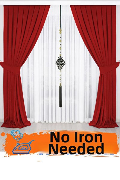 İ.D İpek Dokuma Red Pleated Background Curtain with Velvet Look and Honeycomb...