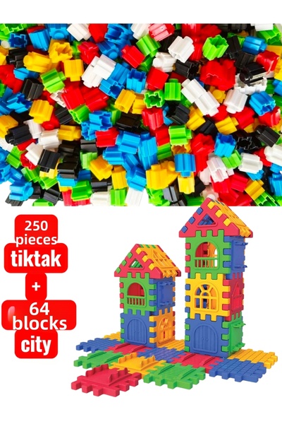 OyuncakZade مكعبات تيكتاك 250 قطعة 6 ألوان تعليمية + مدينة الألغاز 64 قطعة مك...