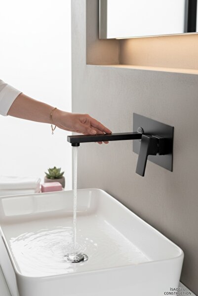 İSAOĞLU YAPI Matte Black Built-In Sink Faucet Square Modern Design Brass Prod...