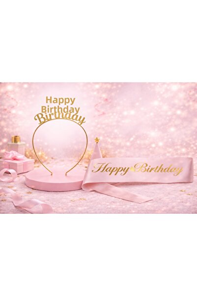 Larenya Метална корона и лента с надпис „Честит рожден ден“ и лента от розово...