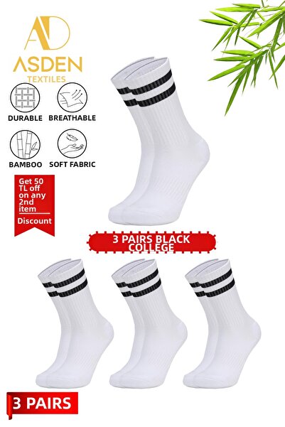 Unisex Bamboo College Tennis Socks Premium, Μαύρες ρίγες, Πακέτο 3 τεμαχίων